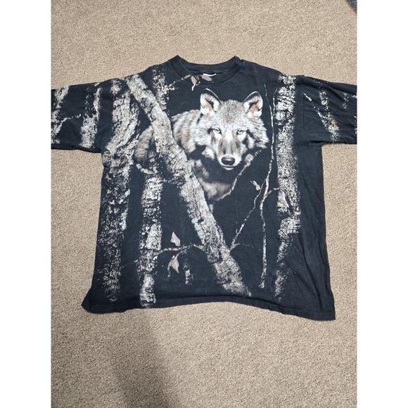 Vintage AOP Wolf Shirt Mens XL Black Gray 90s Short Sleeve Retro - Picture 1 of 6